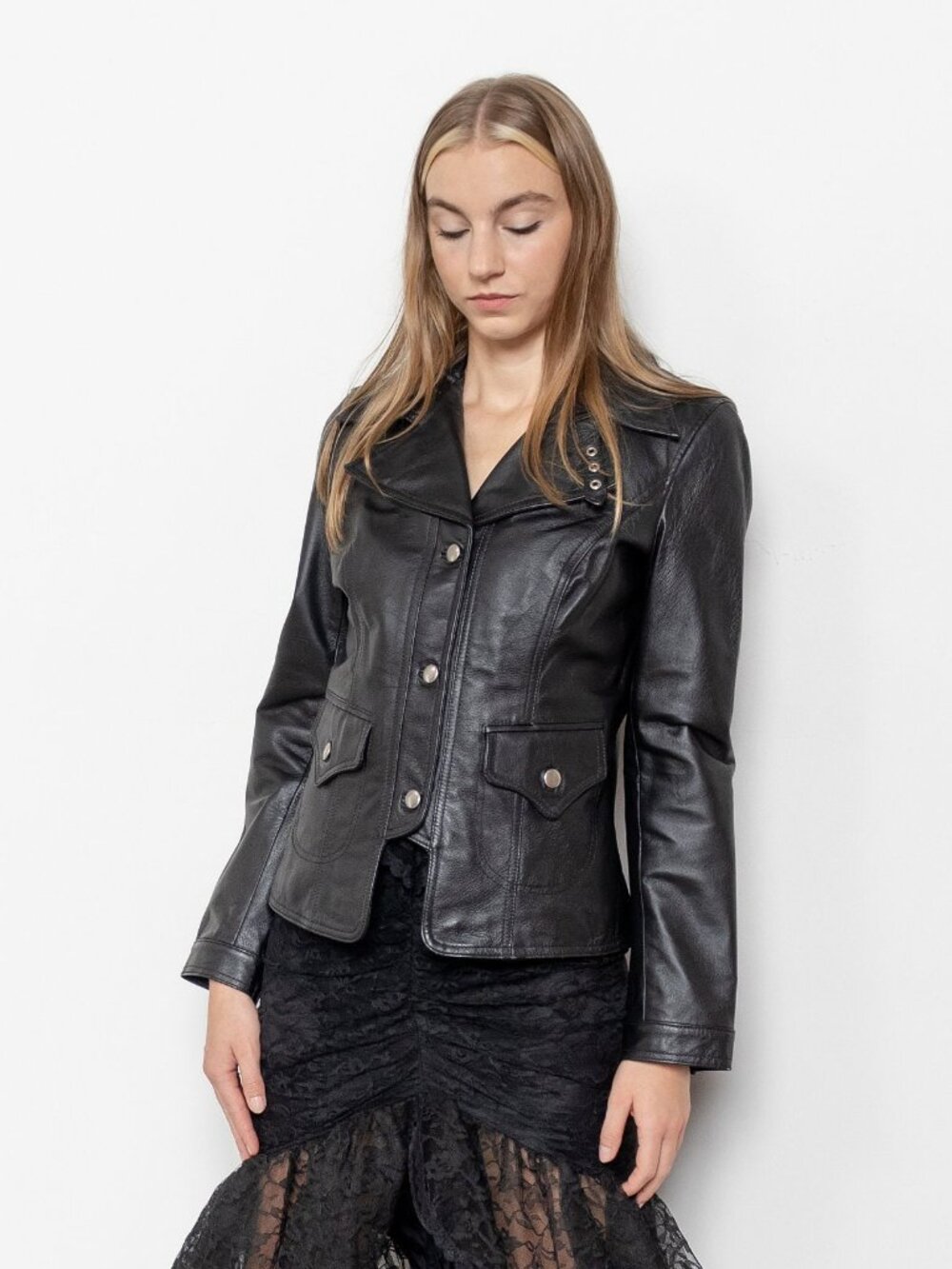 LEATHER BLACK JACKET Cropped Slim Fit Coat Y2K Collared / Small
